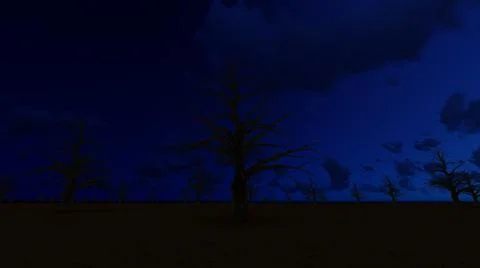 Night clouds withered trees climate 3d render Illustrazione stock
