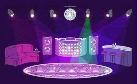 Night club interior with empty dance floor, spot lights, DJ booth Illustrazione stock