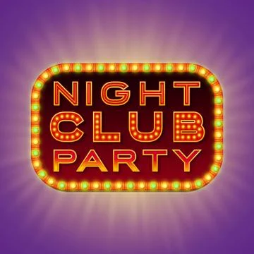 Night club party. 3d retro light banner with shining bulbs. Red sign. Stock Illustration