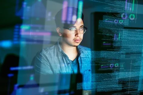 Night, code and hologram with man in office for programming, future and software Stock Photos
