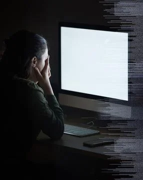 Night coding overlay, blank computer screen and woman feeling stress from Foto stock