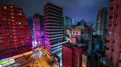 Night colored light living block roof top street view 4k time lapse china Vídeo Stock 48550608