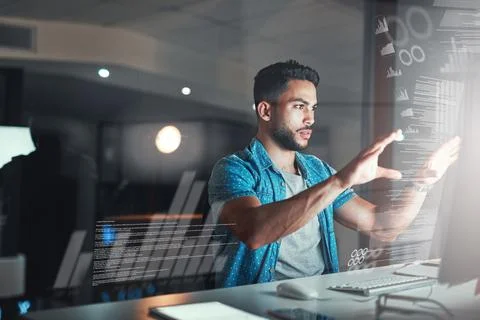 Night, computer or man in workplace with hologram, data analysis or softwar.. Stock Photos