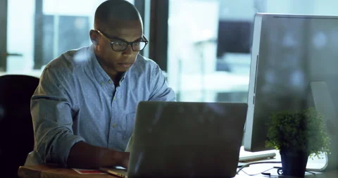 Night, computer software or black man coding on web design, cloud computing or Video stock 241423527