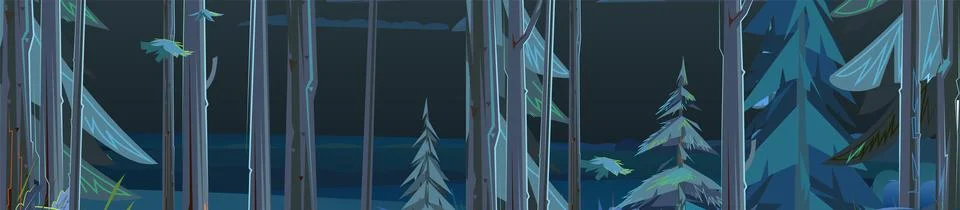 Night in coniferous forest. Horizontal composition. View of trees. Scenery Stock Illustration