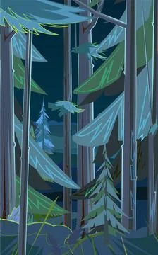 Night in coniferous forest. Vertical composition. View of trees. Scenery Stock Illustration