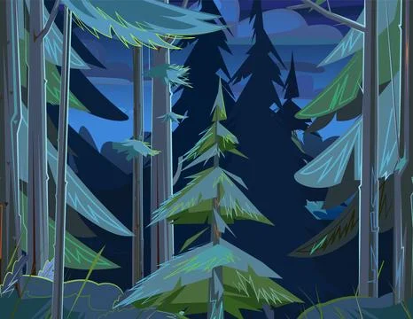Night in coniferous forest. View of trees. Scenery Landscape. Fun cartoon style Stock Illustration