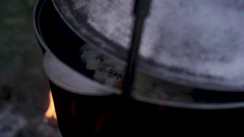 Night cooking on a fire in a pot Stock Footage 236055272
