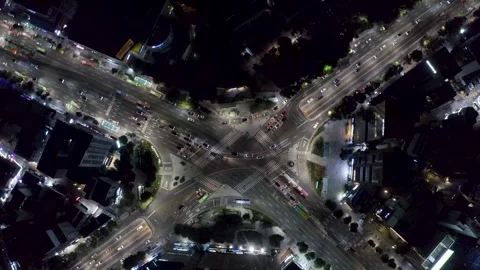 Night Crossroads Grid With Moving Traffic, Overhead Intersection Pattern Stock Footage 345938397