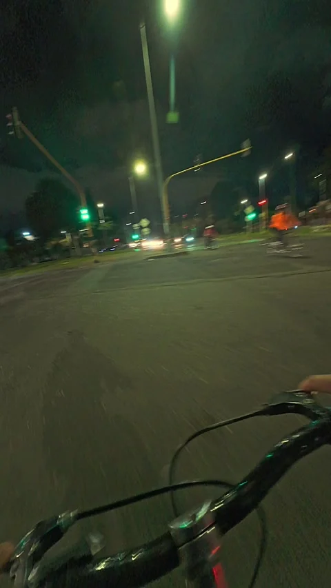 Night Cyclist at Urban Intersection With Traffic Lights and Pedestrian Cros.. 動画素材 334086873