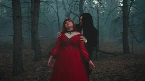 Night dark forest. gothic couple male vampire prince hugs fantasy woman princess Stock Footage 243565339