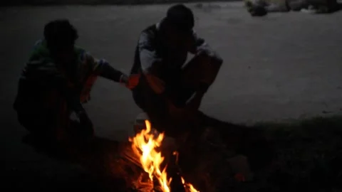Night Dark Winter and Fire with Two people Video stock 340001858