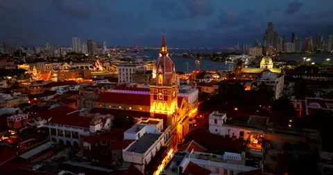 Night Darkness, Colonial Architecture, City Building, Cartagena, Colombia Vídeos de archivo 346135596