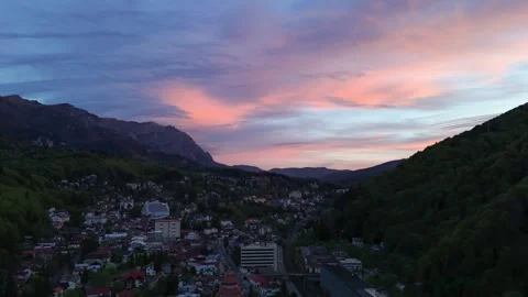 Night to day aerial hyper lapse over Sinaia city, Romania Stock Footage 274780194