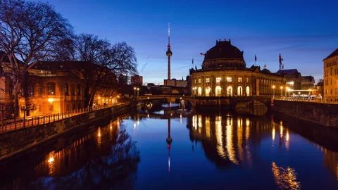 Night to Day Time Lapse of Berlin Cityscape with Spree River, Berlin, Germany Stock Footage 150820682