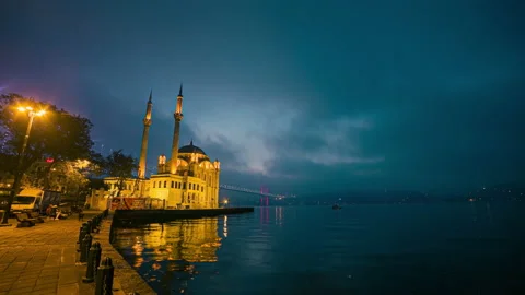 Night to day time lapse scene of the beautiful renovated Ortakoy mosque in Stock Footage 234734415