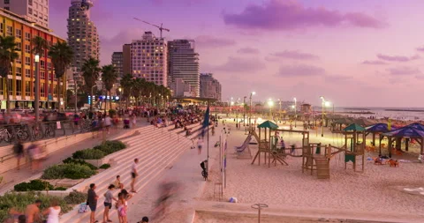 Night to day Time lapse of tel aviv coastline, israel Stock Footage 195745849