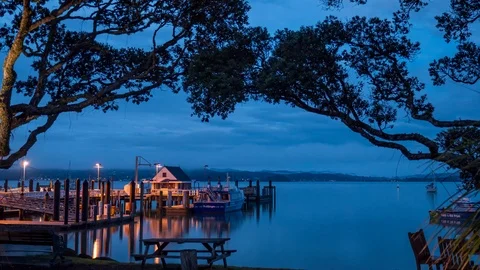 Night to day time lapse of working Russell wharf in New Zealand Stock Footage 114712875