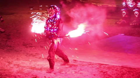 Night demon with fire in hands Stock Footage 60563478