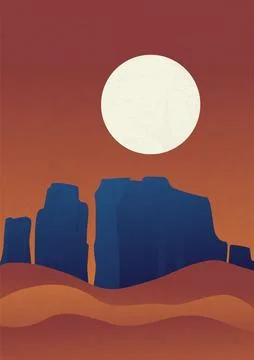 Night desert with mountains under full moon vector illustration poster. Stock Illustration