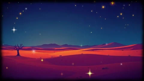 Night Desert Tree: The image is a drawing, of a night sky, stars, and desert la Stock Footage 307978451
