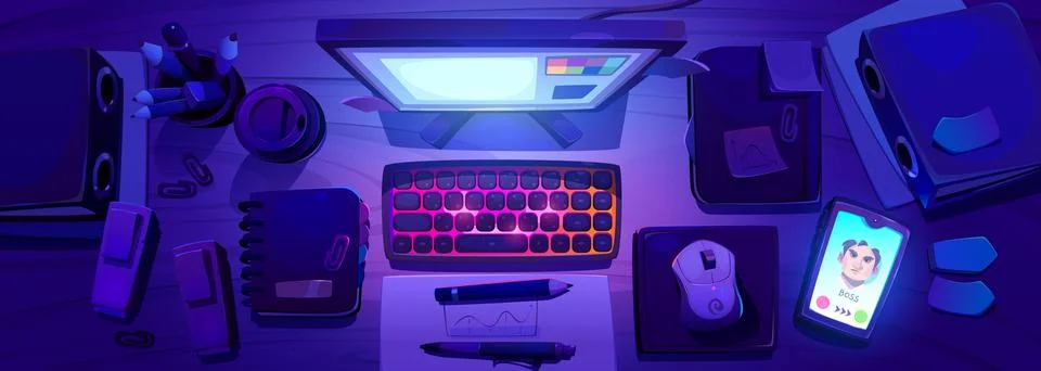 Night desk with computer light vector illustration Stock Illustration