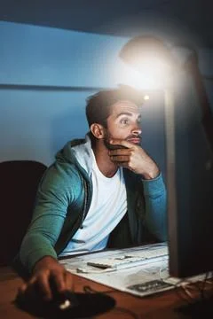 Night, developer and man on computer for digital software, research and web Stock Photos
