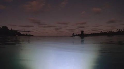 Night diving view on the surface of water with scuba divers and torch flash ligh Stock Footage 259465345