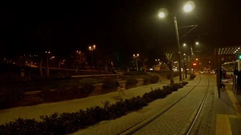 At night, the dog next to the tram tracks near Aladdin hill in Konya Stock Footage 82293874
