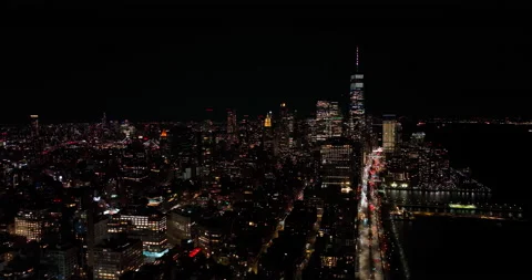 Night, Downtown Manhattan, New York City, NYC. Drone Aerial footage Stock Footage