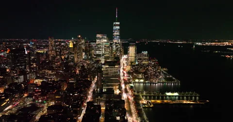 Night, Downtown Manhattan, New York City, NYC. Drone Aerial footage Stock Footage