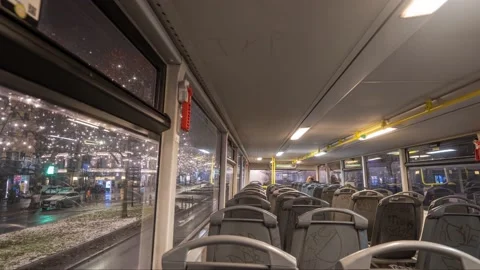 Night Drive By Empty Bus Throught Kurfurstendamm street,during corona crisis in Stock-Footage 146146050