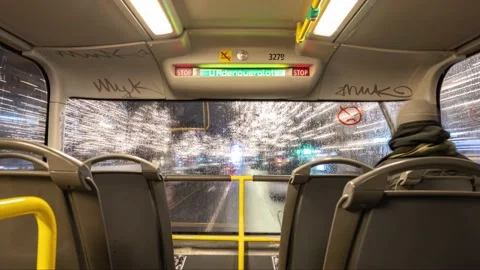 Night Drive By Empty Bus Throught Kurfurstendamm street,during corona crisis in Stock-Footage 146146103