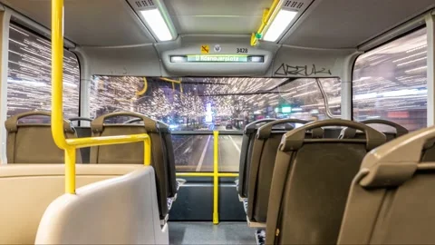 Night Drive By Empty Bus Throught Kurfurstendamm street,during corona crisis in Stockbeeldmateriaal 146197294
