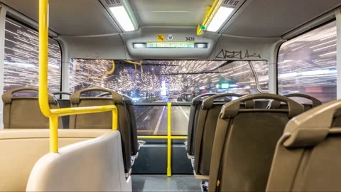 Night Drive By Empty Bus Throught Kurfurstendamm street,during corona crisis in 스톡 동영상 146197352