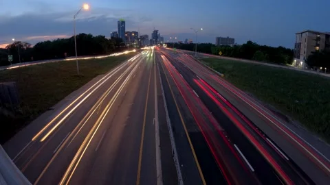 Night driving hyperlapse streak of lights from highway overpass Stock Footage 244429616