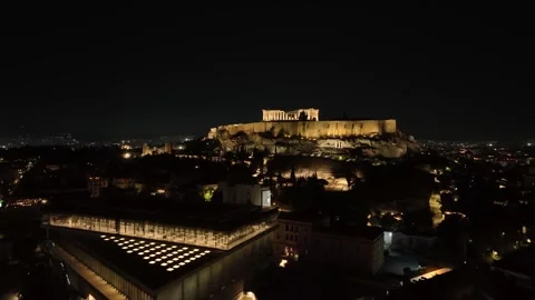 Night Drone Flight Over the Acropolis Museum Revealing the Illuminated Stock Footage 346662529