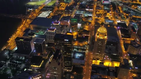 Night drone flight over downtown Louisville Kentucky with city lights Stock Footage 344421977