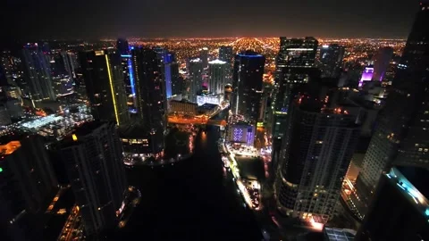 Night drone flight over downtown Miami Florida capturing bright lights Stock Footage 344441879