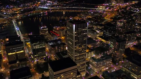 Night drone flight over downtown Portland Oregon with sparkling towers Stock Footage 344639412