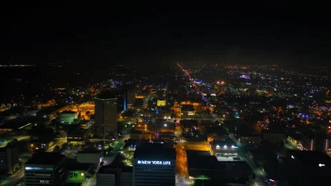 Night drone flight over downtown Wichita Kansas with sparkling lights Stock Footage 344728240