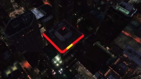 Night drone flight over downtown Kansas City Missouri displaying city lights Stock Footage 344794439