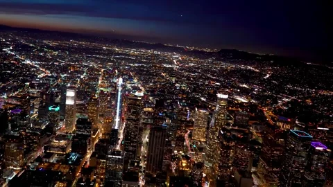 Night drone flight over Los Angeles with glowing commercial towers Stock Footage 344389572