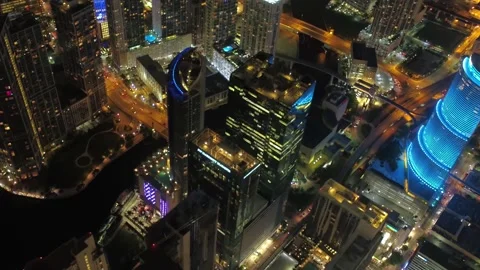 Night drone flight over Miami Florida showing beautiful cityscape lights Stock Footage 344441878