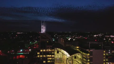 Night Drone Flight Over Mobile Alabama Riverfront Downtown Glowing Skyline Stock Footage 344806330