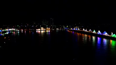 Night drone flight over the river. Video stock 325727855