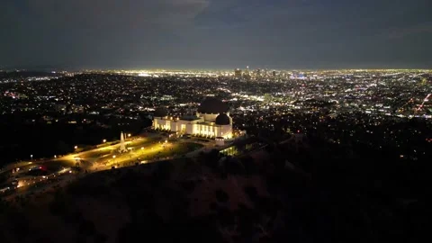 Night Drone Fly-In Toward Griffith Observatory with LA Skyline Behind Vídeo Stock 203986579