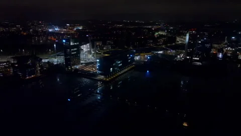 Night drone shot of tech Headquarters, modern architecture in Keilaniemi Stock Footage 332564018