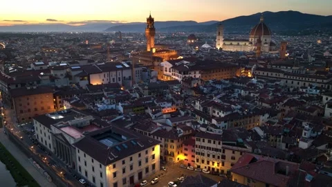 Night drone view of Florence with Florence cathedral, Italian Renaissance Stock Footage 310831642