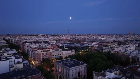 Night Drone View of Iconic Madrid Skyline during full moon 4K Stock Footage 288095489
